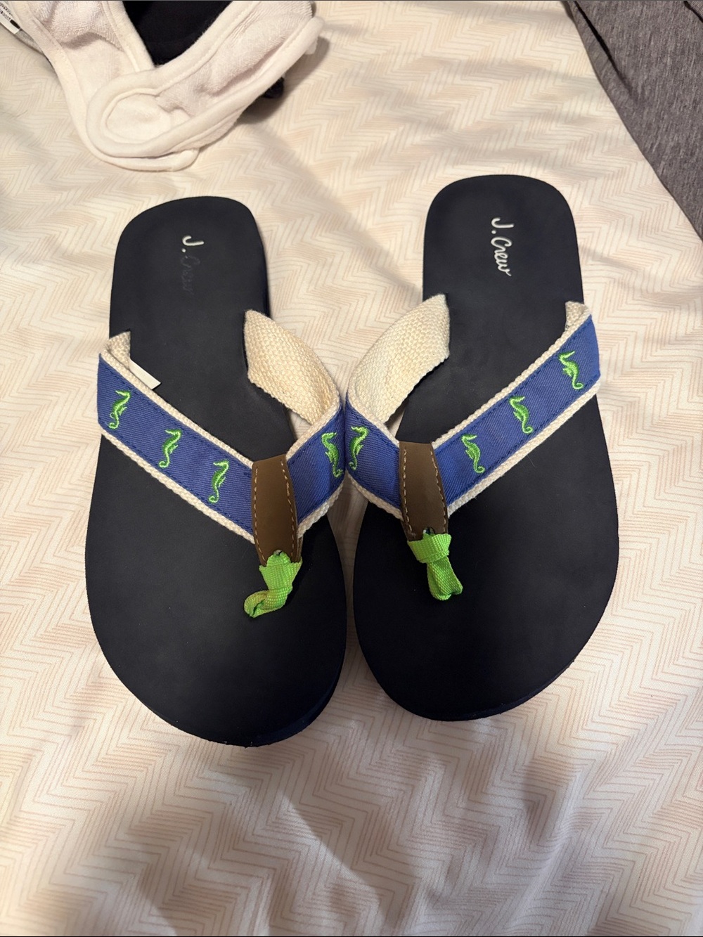 J. Crew Navy Flip Flops with Neon Green Seahorses - 6